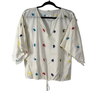 Lou & Grey Cream Colorful Short Sleeve Blouse Small Cottagecore Preppy Vacation